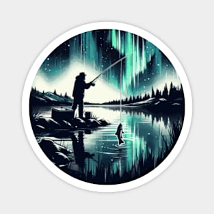 Aurora Angler - Northern Lights Landscape with Lakeside Fisherman Magnet